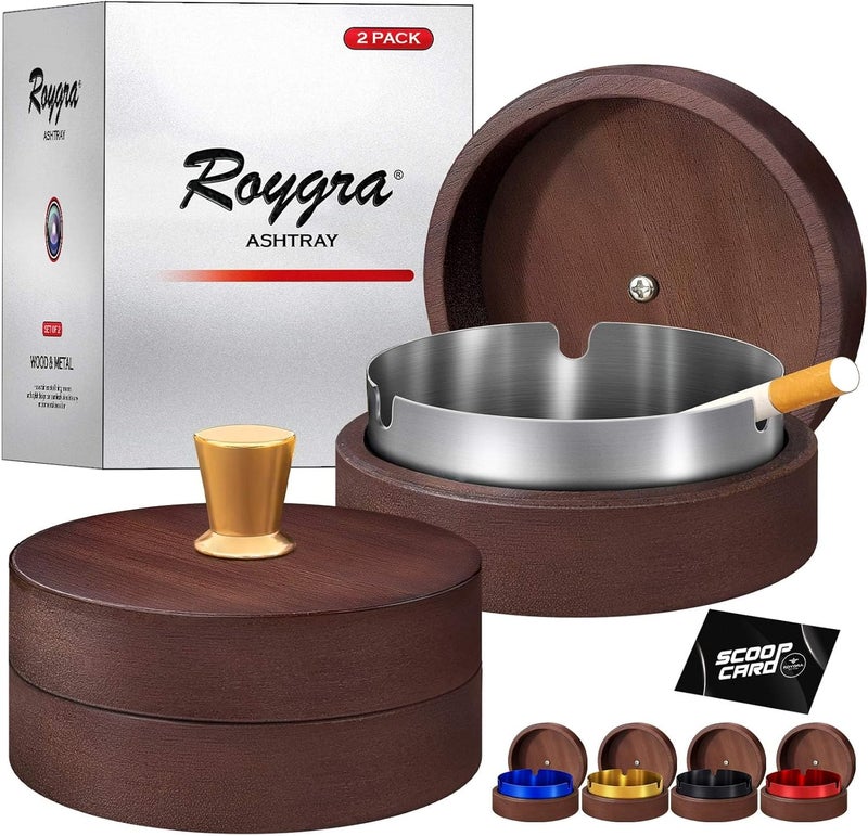 roygra Wooden Ash Tray with Lid (2 Pack), Outdoor Ashtray for Outside Patio, Smokeless Ashtrays for Cigarettes with 3 Holder, Smoking Accessories, Home Décor, Ashtrays for Smokers Indoor - Silver - Image 1